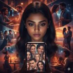 A person looking intently at a phone screen, with several overlapping, slightly blurred images of different people's faces reflected in the screen, conveying the idea of rapid succession in romantic interests. The background could be a bit chaotic or a collage of various romantic scenes, suggesting a whirlwind of emotions.